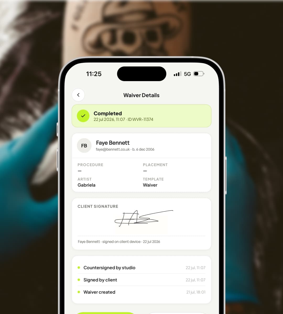 Completed Wavrr waiver details showing a client signature