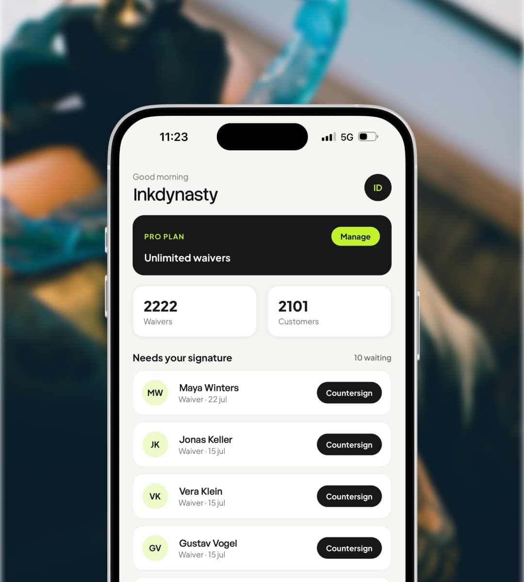 Wavrr studio dashboard with waiver activity and pending signatures