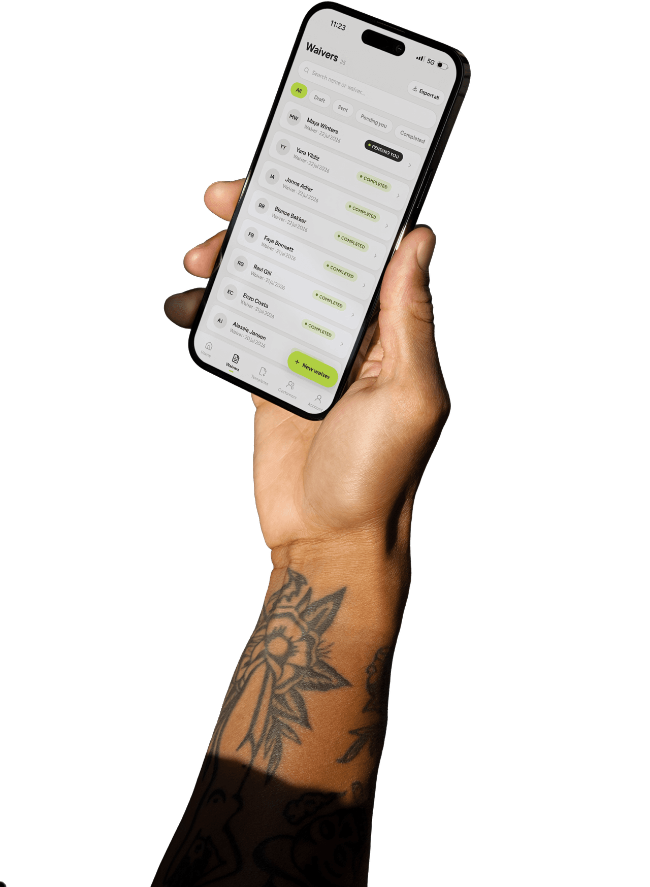 Hand holding a phone displaying Wavrr waiver records