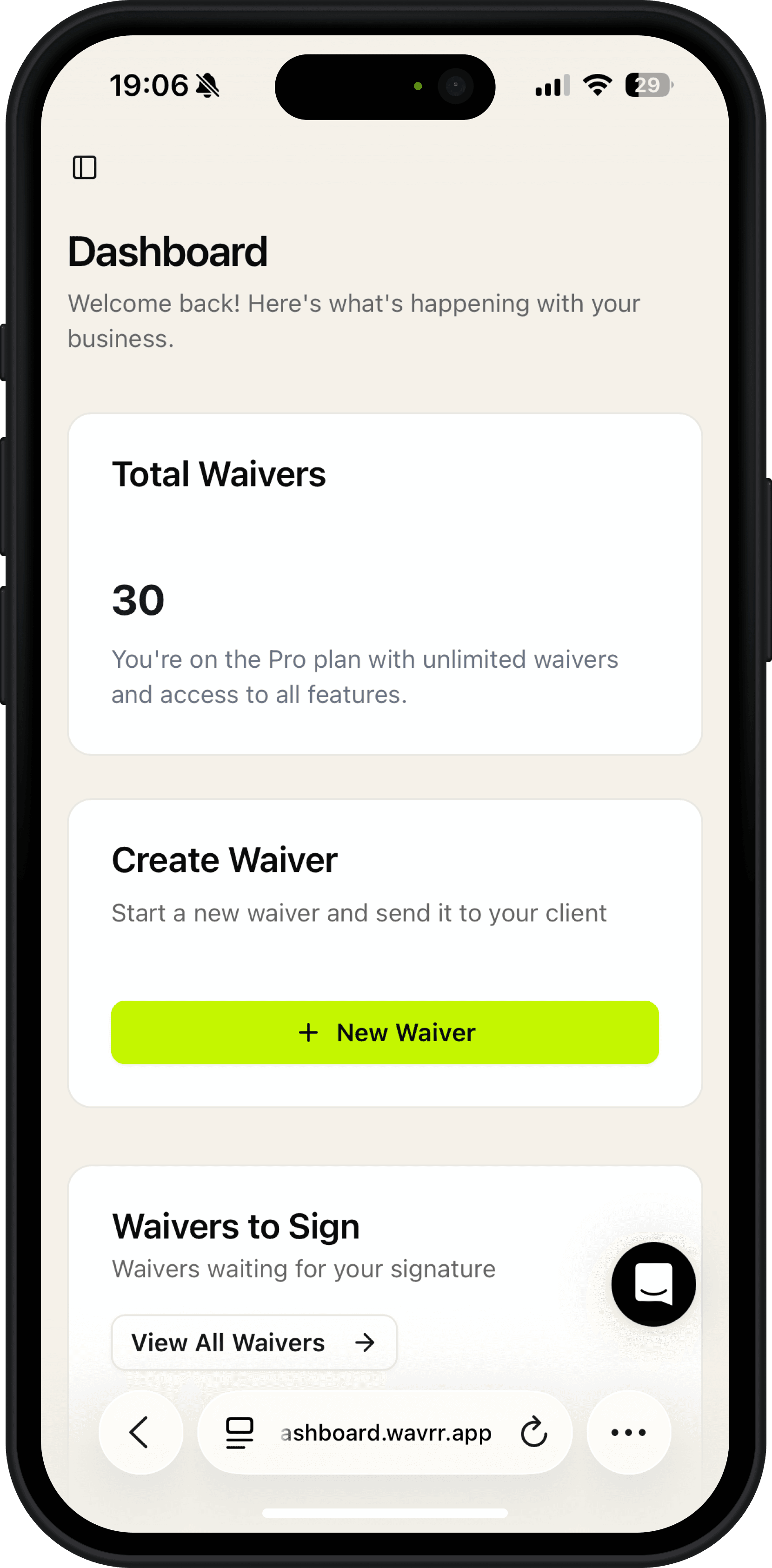 Wavrr mobile dashboard showing total consent forms, create consent form, and consent forms to sign