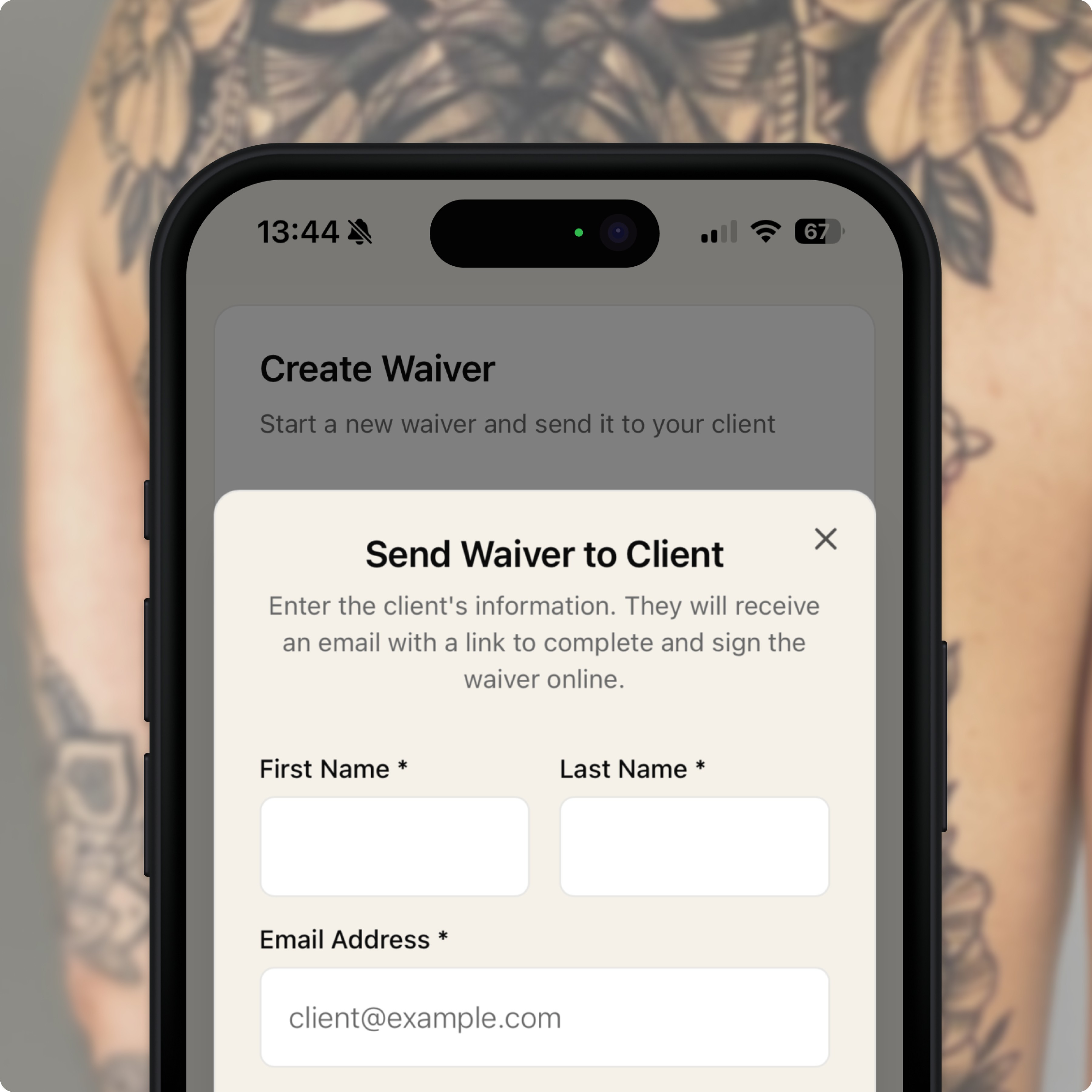 Wavrr mobile dashboard showing tattoo consent form tools