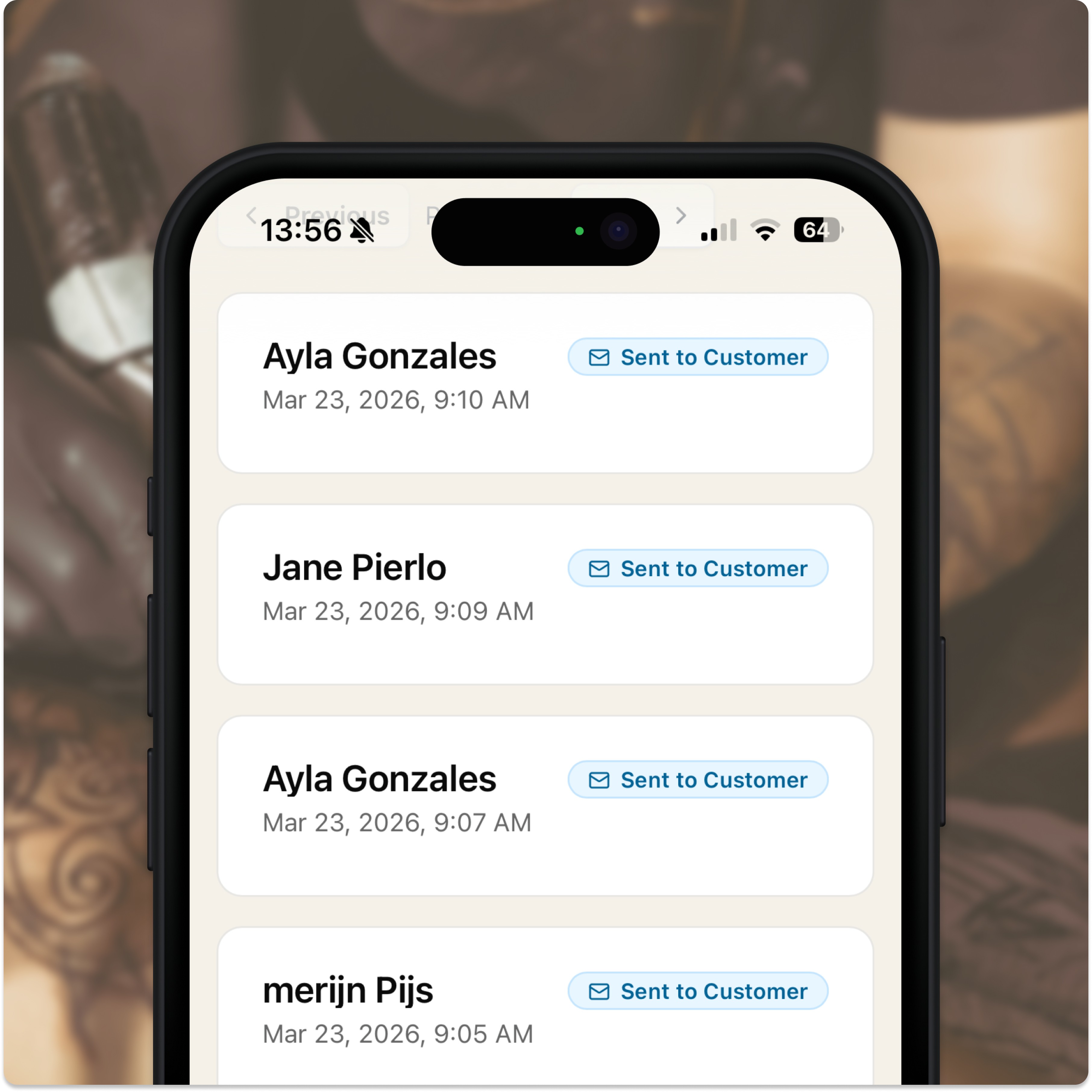 Wavrr dashboard showing signed tattoo consent records