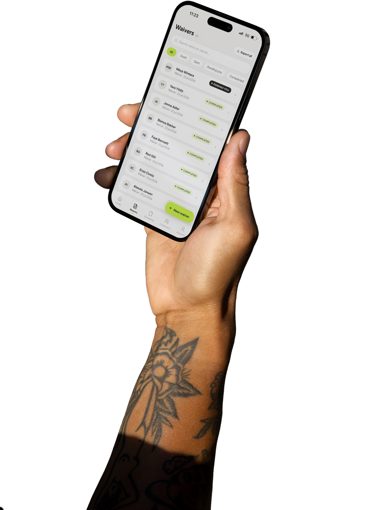 Hand holding a phone displaying Wavrr waiver records